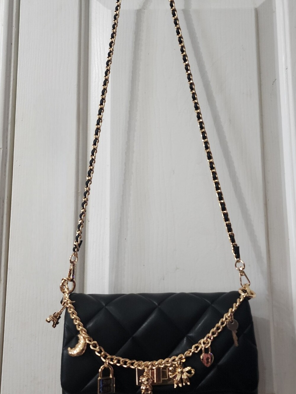 Aldo Black Quilted Crossbody with Gold Chain and Charms